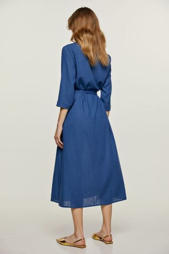 Robe mi-longue bleue style lin avec ceinture 3