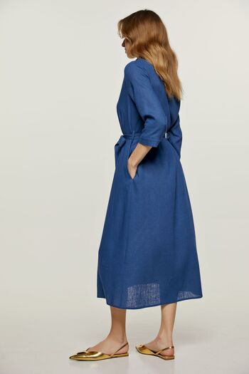 Robe mi-longue bleue style lin avec ceinture 6