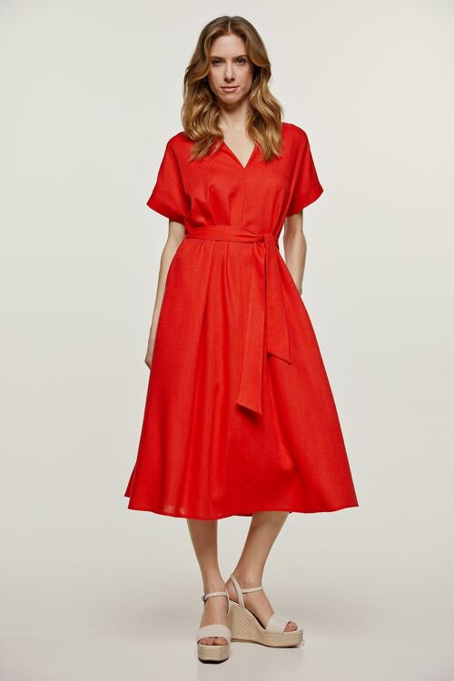 Red Linen Style Belted Midi Dress