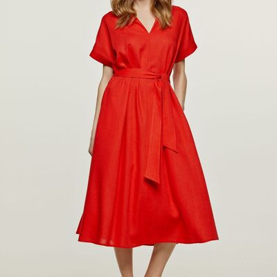 Red Linen Style Belted Midi Dress