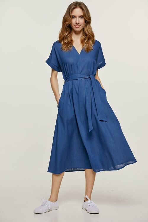 Blue Linen Style Belted Midi Dress