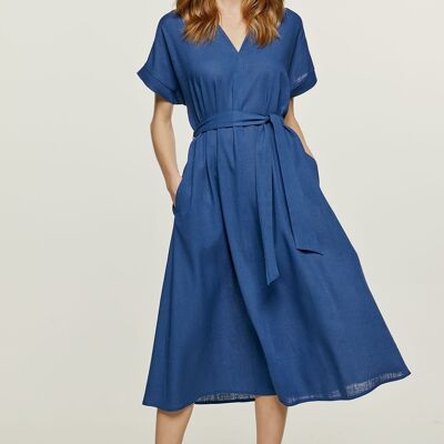 Blue Linen Style Belted Midi Dress