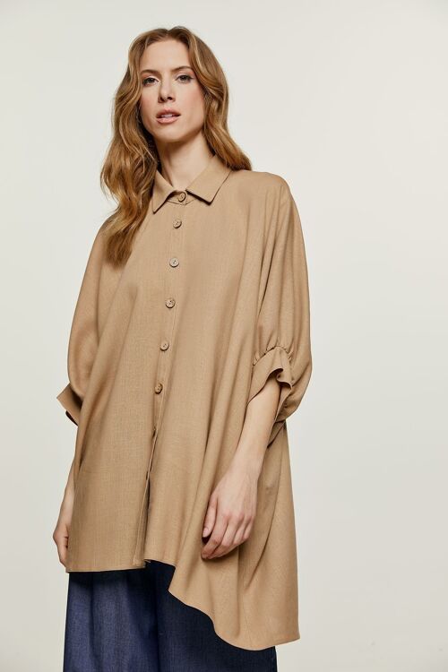 Oversized Beige Linen Style Puff Sleeve Blouse