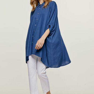 Oversized Blue Linen Style Puff Sleeve Blouse
