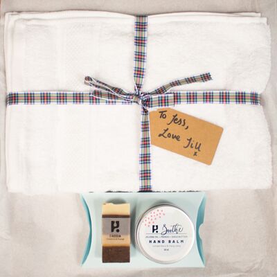 Hug in a box gift for him, Letterbox for him, Gift box - White Tartan ribbon & hand written tag