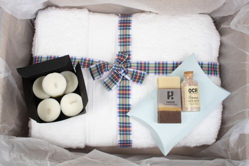 Spa Gift Box, Relaxation Set for him, Natural Handmade soap, bath salts, candles - Holiday Tartan ribbon & hand written tag