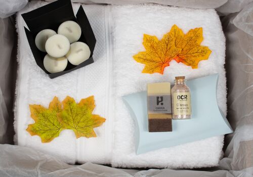 Spa Gift Box, Relaxation Set for him, Natural Handmade soap, bath salts, candles - no ribbon /gift tag
