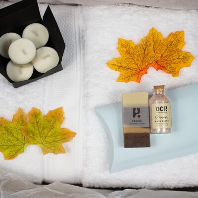 Spa Gift Box, Relaxation Set for him, Natural Handmade soap, bath salts, candles - no ribbon /gift tag