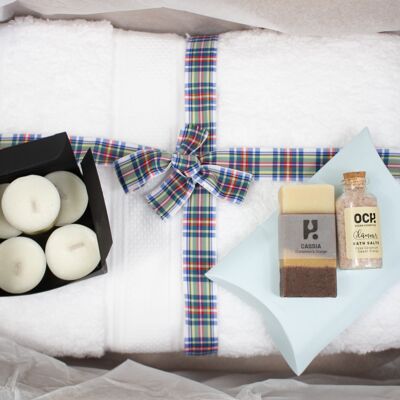 Spa Gift Box, Relaxation Set for him, Natural Handmade soap, bath salts, candles - Lemongrass & ginger Tartan ribbon & hand written tag