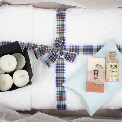 Spa Gift Box, Relaxation Set, Natural Handmade soap, bath salts & candles - Lemongrass & ginger Tartan ribbon & hand written tag
