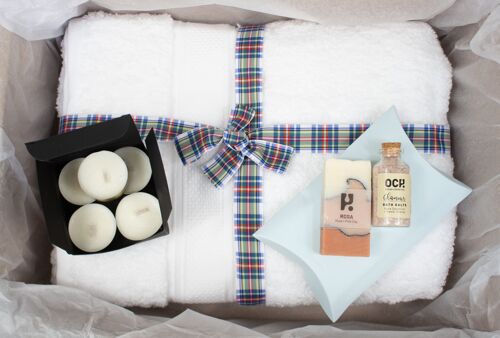 Spa Gift Box, Relaxation Set, Natural Handmade soap, bath salts & candles - Holiday Tartan ribbon & hand written tag