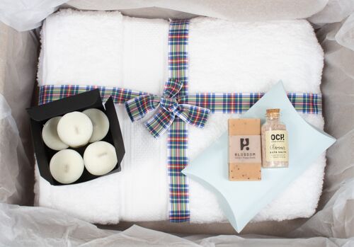 Spa Gift Box Relaxation Set, Natural Handmade soap, bath salts & candles - Holiday Tartan ribbon & gift tag