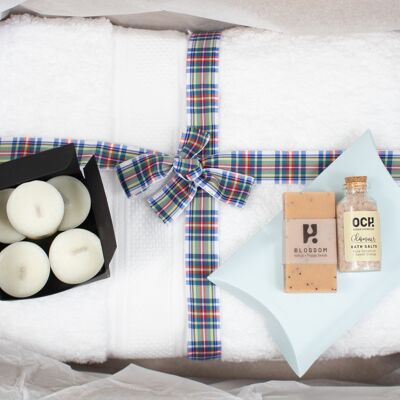 Spa Gift Box Relaxation Set, Natural Handmade soap, bath salts & candles - Holiday Tartan ribbon & gift tag