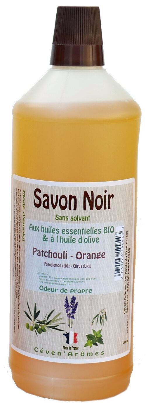 Savon noir à l'huile d'Olive et aux huiles essentielles BIO -Patchouli-Orange 1L