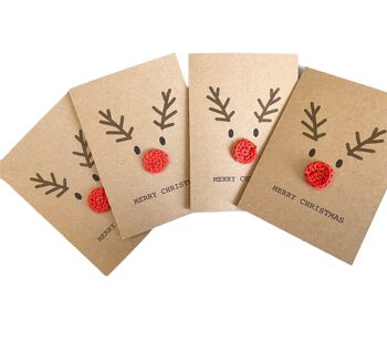 Cartes de Noël au crochet faites à la main Rudolf Reindeer Nose - Pack de cartes - Ensemble de cartes de Noël - Ensemble de cartes de Noël amusantes - Carte de Noël écologique pour elle (SKU : CH003B)