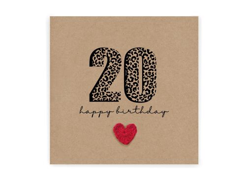 20 Birthday Card, Simple Birthday Card, Any Age, Husband, Wife, Best Friend, Girlfriend, Sister, 20th Birthday Card, Leopard Print 20th Card (SKU: BD263B)
