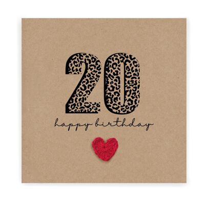 Carte d'anniversaire 20, carte d'anniversaire simple, tout âge, mari, femme, meilleur ami, petite amie, sœur, carte d'anniversaire 20e, carte 20e imprimé léopard (SKU : BD263B)