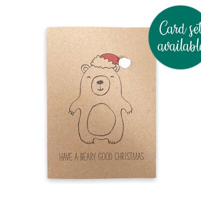 Tarjeta divertida de juego de palabras de oso de Navidad para ella / él - Tenga una buena Navidad de Beary - Juego de tarjetas de Navidad divertidas - Animal divertido rústico simple (SKU: CH014B)