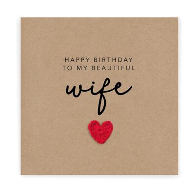 Happy Birthday My Beautiful Wife- Simple Rustic Birthday Card from husband  - Heart - Handmade Crochet Card   - Send to recipient (SKU: BD023B)