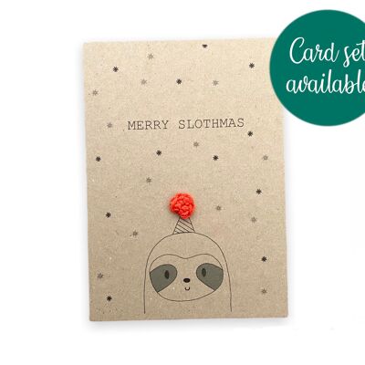 Funny Christmas Sloth Pun Card - Merry Slothmas - Funny Xmas Card Set - Carte de Noël écologique pour la paresse Carte de Noël simple pour elle / lui (SKU: CH026B)