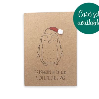 Carte de jeu de mots drôle de pingouin de Noël pour elle/lui – Ça commence à ressembler à Noël – Jeu de cartes de Noël drôle – Animal drôle rustique simple (SKU : CH034B)