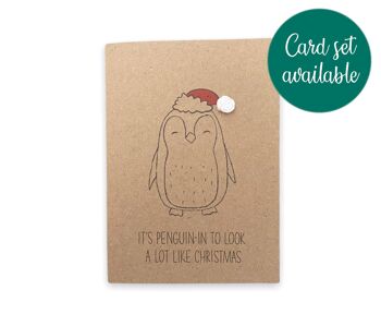 Carte de jeu de mots drôle de pingouin de Noël pour elle/lui – Ça commence à ressembler à Noël – Jeu de cartes de Noël drôle – Animal drôle rustique simple (SKU : CH034B)
