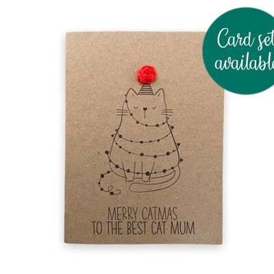Funny Christmas Cat Pun Card - Merry Catmas - Funny Xmas Card - Christmas Card for Cat mum Carte de Noël simple pour lui à la meilleure mère (SKU: CH040B)