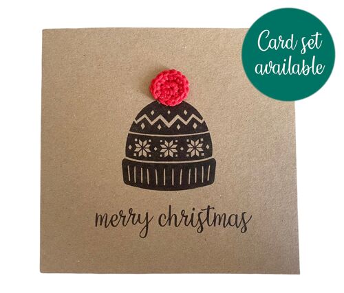 Handmade Christmas Bobble Hat knitwear - Crochet Eco Rustic - Card Pack - Christmas Card Set - Xmas Card Set - Fun Card - Merry Christmas (SKU: CH041B)