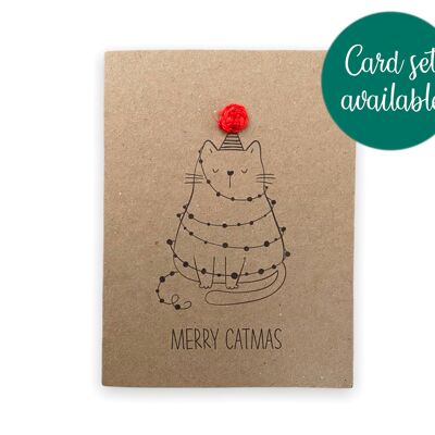 Funny Christmas Cat Pun Card  - Merry Catmas  -  Funny Xmas Card Set - Eco Christmas Card for Cat Lover Simple Christmas card for her / him (SKU: CH044B)