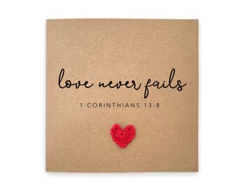 L'amour ne manque jamais, 1 Corinthiens 13: 8, Carte de mariage de foi chrétienne, Carte d'anniversaire, Carte chrétienne d'encouragement, Faith Love Never Fail (SKU: CC003)