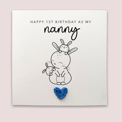 Feliz 1er cumpleaños como mis gemelas Nan, primer cumpleaños como mi tarjeta de abuela, primera tarjeta de cumpleaños, tarjeta de cumpleaños de conejo, niñera gemelas, Nana (SKU: BD126W)