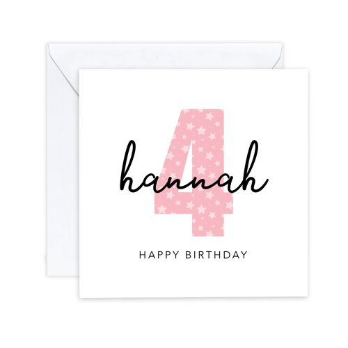 Personalised Girls 4th Birthday Card, Fourth Birthday Card For Daughter, Granddaughter, Niece, 4 Today Card, Pink Baby Girl Card, Any Age (SKU: BD113WP)