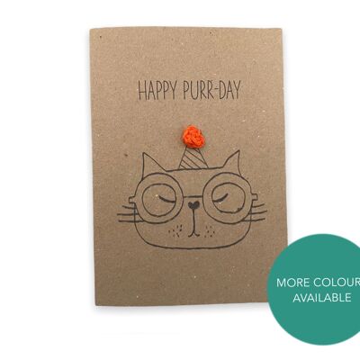 Divertente gatto compleanno Pun Card - Happy Purr-Day - Cat Birthday fatto a mano all'uncinetto Lover - Card per lei - Invia al destinatario - Messaggio all'interno (SKU: BD226B)