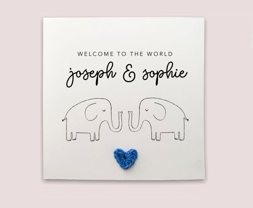 Personalised New Twin Born baby welcome to the world - Simple new baby Card new born baby card for Twins elephant Baby - Send to recipient (SKU: NB003WP)