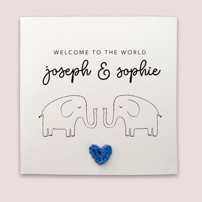 Personalised New Twin Born baby welcome to the world - Simple new baby Card new born baby card for Twins elephant Baby - Send to recipient (SKU: NB003WP)