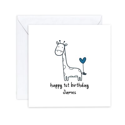 Personalised Happy 1st Birthday Card for Baby Boy - Giraffe Animal Birthday Card for First Birthday Card for Him - Send to recipient (SKU: BD082W)