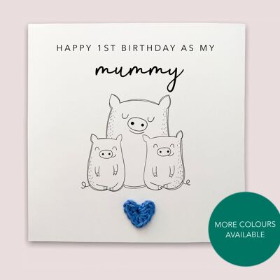 Happy 1st Birthday as my Mummy Twins – Einfache Schweine-Geburtstagskarte für Mutter an Zwillinge von Baby-Sohn-Tochter – An Empfänger senden (SKU: BD100W)