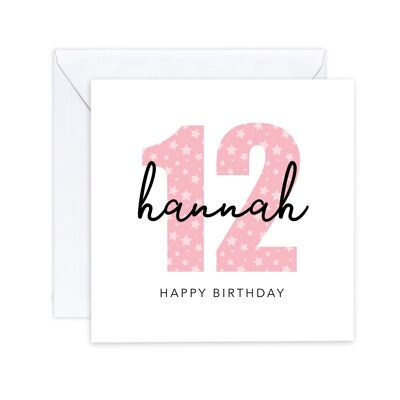 Personalised Girls 12th Birthday Card, Fourth Birthday Card For Daughter, Granddaughter, Niece, 12 Today Card, Pink Baby Girl Card, Any Age (SKU: BD114W)