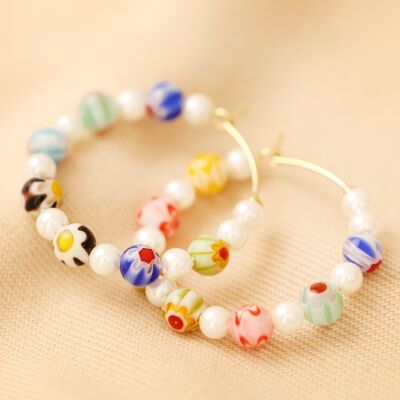 Millefiori Bead and Pearl Hoop Earrings in Gold