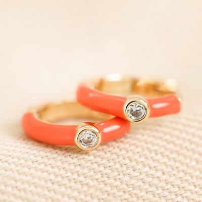 Orange Enamel Crystal Huggie Hoop Earrings in Gold