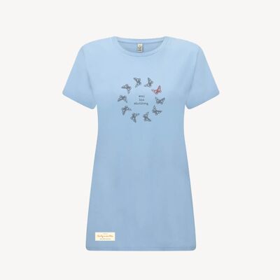 Duurzame dames t-shirt – LOVE AND GRATITUDE – Daily Mantra - Aqua marine