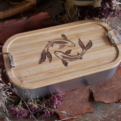 Lunch box small made of stainless steel & bamboo fish