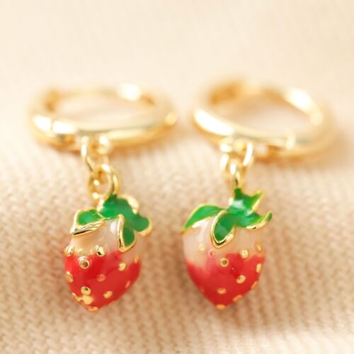 Enamel Strawberry Huggie Hoop Earrings in Gold