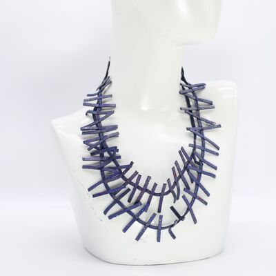 Recycled Leather Fir Necklace - Hand painted Cobalt Blue Graffiti