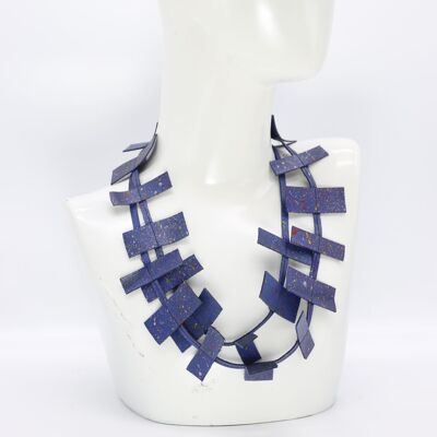 Collier simple brin en cuir recyclé - Graffiti bleu cobalt peint à la main