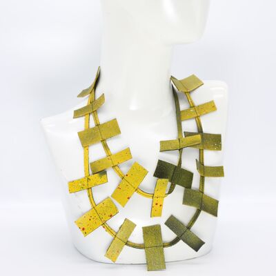 Recycled Leather Single Strand Necklace - Hand painted Yellow Graffiti