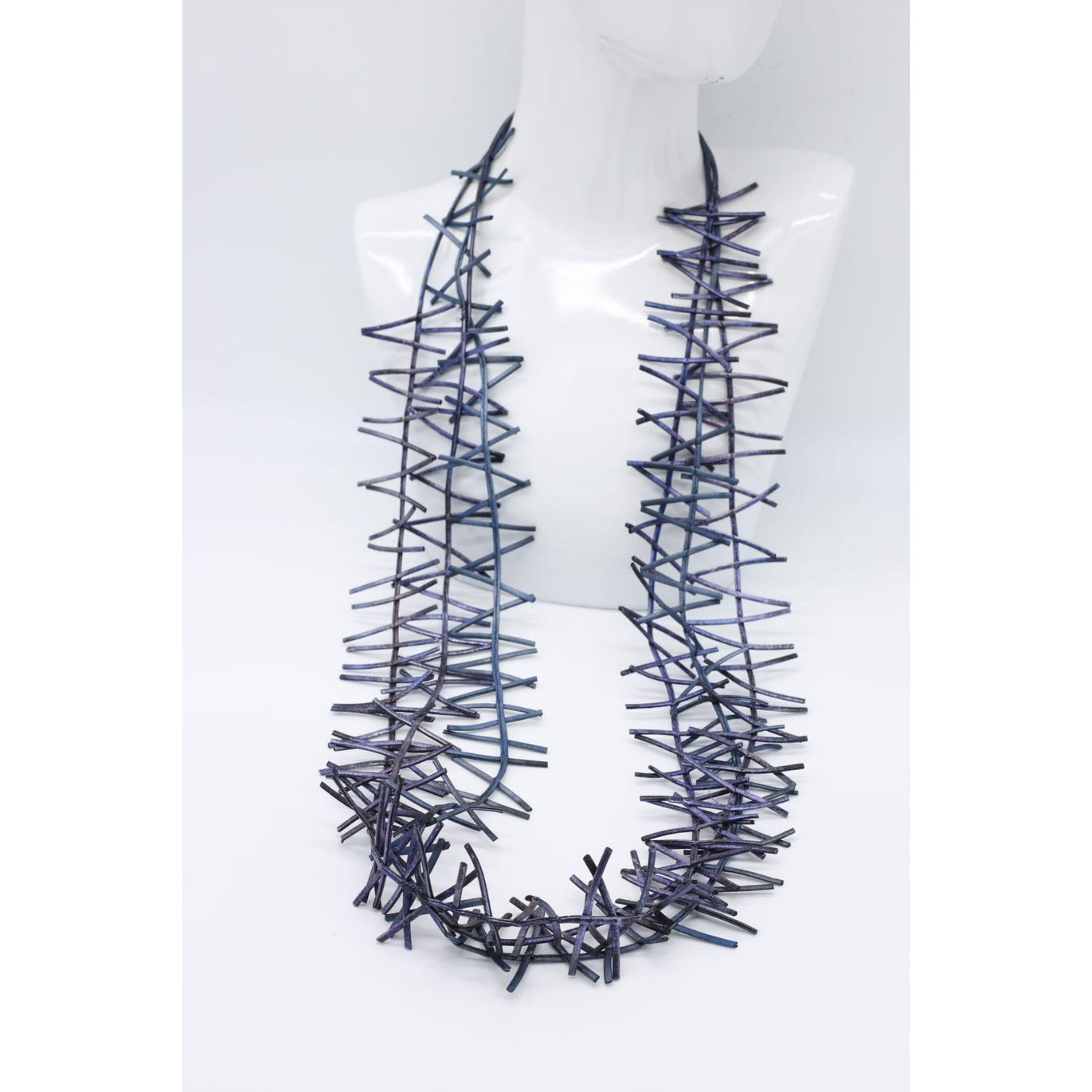 3-Strang-Vogelnest-Halskette - handbemalt blau/pink/silber