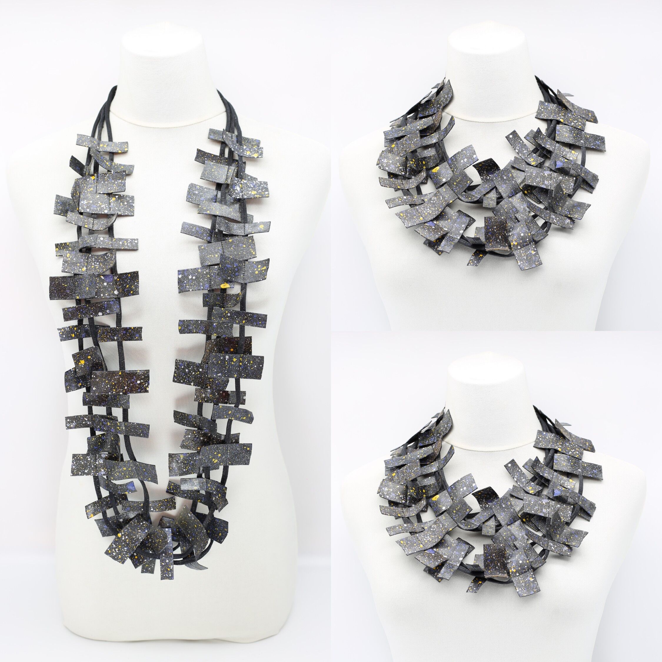 Collana rettangoli in similpelle riciclata - Gocce nere/gialle/blu/argento dipinte a mano