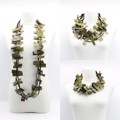 Recycled Leatherette Rectangles Necklace - Hand painted Olive Green Graffiti