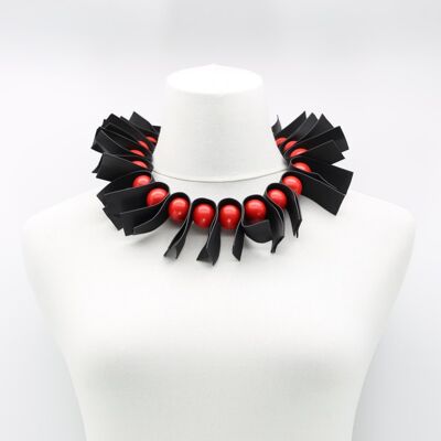 U-shaped Leatherette & Round Beads Necklace - Red